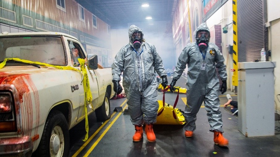 A team of responders navigates through a disaster scene in the CDP’s Advanced Responder Training Complex.
